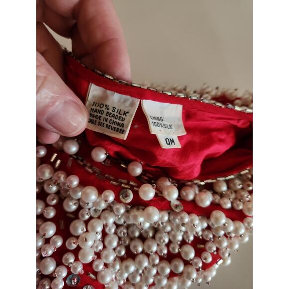 Vintage Swee Lo Red & White Sequin Pearls Embellished Red Silk sz QM - Picture 3 of 7